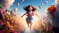 A little girl is flying through the fabulous sky against the background of balloons