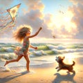 Little Girl Flying a Kite On the Beach Royalty Free Stock Photo
