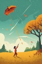 A little girl flying a kite in a field. Generative AI image. Royalty Free Stock Photo