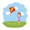 Little girl flying kite in the field Royalty Free Stock Photo