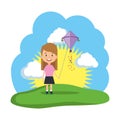 little girl flying kite in the field Royalty Free Stock Photo