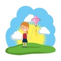 little girl flying kite in the field Royalty Free Stock Photo