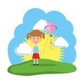 little girl flying kite in the field Royalty Free Stock Photo