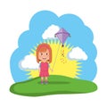 little girl flying kite in the field Royalty Free Stock Photo