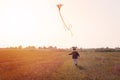 Little girl flying a kite in the field Royalty Free Stock Photo