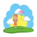 little girl flying kite in the field Royalty Free Stock Photo