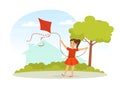 Little Girl Flying Kite Holding It by String Playing Outdoor Vector Illustration