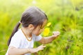 Little girl in the forest smells wonderful flowers