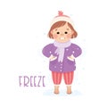 Little Girl Freezing in Cold Winter Demonstrating Vocabulary and Verb Studying Vector Illustration