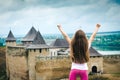 Little girl in front of Khotyn Fortress Royalty Free Stock Photo