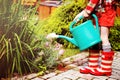 Little girl in a garden with green watering can