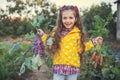 Little girl gardener in vegetables garden holding fresh biologic just harvested carrots and kohlrabi Royalty Free Stock Photo
