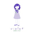 Little girl with garlands of flowers in her hair holding a bouquet of wild violets