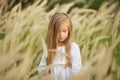 Little girl with long flowing hair gathers ears in summer field