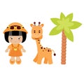 Little girl, giraffe and palm tree