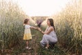 A little girl gives a bouquet of lupines to her mother on the field in the summer. Concept of love and happy family Royalty Free Stock Photo