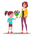 Little Girl Gives Flowers To Mother, Happy Mother S Day Vector. Present, Gift. Isolated Illustration Royalty Free Stock Photo