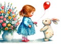 Little girl gives a red ballon to the rabbit. Watercolor illustration, nursery art Royalty Free Stock Photo