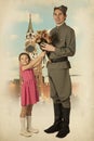 Little girl giving bouquet of flowers to Soviet soldier Royalty Free Stock Photo