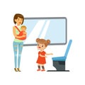 Little girl giving way to woman with baby in public transport, kids good manners concept vector Illustration on a white