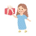 Little Girl Giving Wrapped Gift Box Congratulating with Birthday Vector Illustration