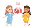 Little Girl Giving Wrapped Gift Box Congratulating Her Agemate with Birthday Vector Illustration