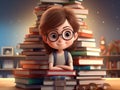 little girl with glasses with many books on the table Royalty Free Stock Photo