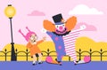 Little girl in glasses scared huge clown, outdoor, flat style