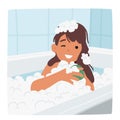 Little Girl Gleefully Lathering Body With Sponge In Bath, Surrounded By Gentle Bubbles, Making Bath Time Fun