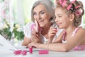 Little girl with granny using laptop Royalty Free Stock Photo