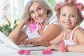 Little girl with granny using laptop Royalty Free Stock Photo