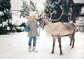 A little girl with a gray deer walks in the winter forest. Christmas snow tale Royalty Free Stock Photo