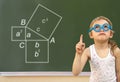 Little girl and green blackboard. Wunderkind