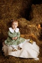 A little girl in a green dress sits in a rural barn on the hay with a duckling. Royalty Free Stock Photo