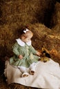 A little girl in a green dress sits in a rural barn on the hay with a duckling. Royalty Free Stock Photo