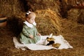 A little girl in a green dress sits in a rural barn on the hay with a duckling. Royalty Free Stock Photo