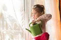 A little girl with a green watering can is playing on the window of the house and watering the flowers. Royalty Free Stock Photo
