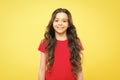 Little girl grow long hair. Teen fashion model. Styling curly hair. Change you can see. Hairdresser tip. Kid girl long Royalty Free Stock Photo