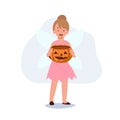 Little girl in Halloween fairy dress costume with pumpkin bucket. Trick or treat. Flat vector cartoon character illustration Royalty Free Stock Photo
