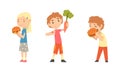 Little Girl with Hamburger and Boy Rejecting Eating Carrot Vector Set Royalty Free Stock Photo