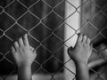 Little girl hand holding on chain link fence for freedom, Human