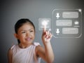 Little girl hand using a digital chatbot program for online chat with human users. Support and customer service automation