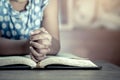 Little girl hands folded in prayer on a Holy Bible Royalty Free Stock Photo