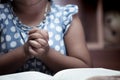 Little girl hands folded in prayer on a Holy Bible Royalty Free Stock Photo