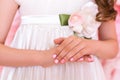 Little girl hands with pink manicure, hearts design Royalty Free Stock Photo