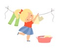 Little Girl Hanging Laundry on Clothes Line Vector Illustration Royalty Free Stock Photo