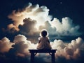 A little girl happily sitting on a cloud bench, admiring the sky and horizon Royalty Free Stock Photo