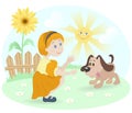 Little Girl With Happy Dog And Sunflower Royalty Free Stock Photo