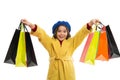 Little girl happy face hold bunch shopping bags. Shopaholic concept. Child satisfied shopping isolated white background