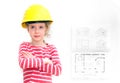 Little girl in hard hat.